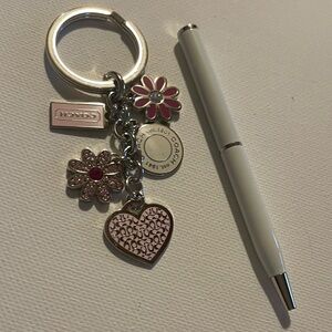 Coach Pink and Silver Floral Heart Keychain and White Coach Pen
